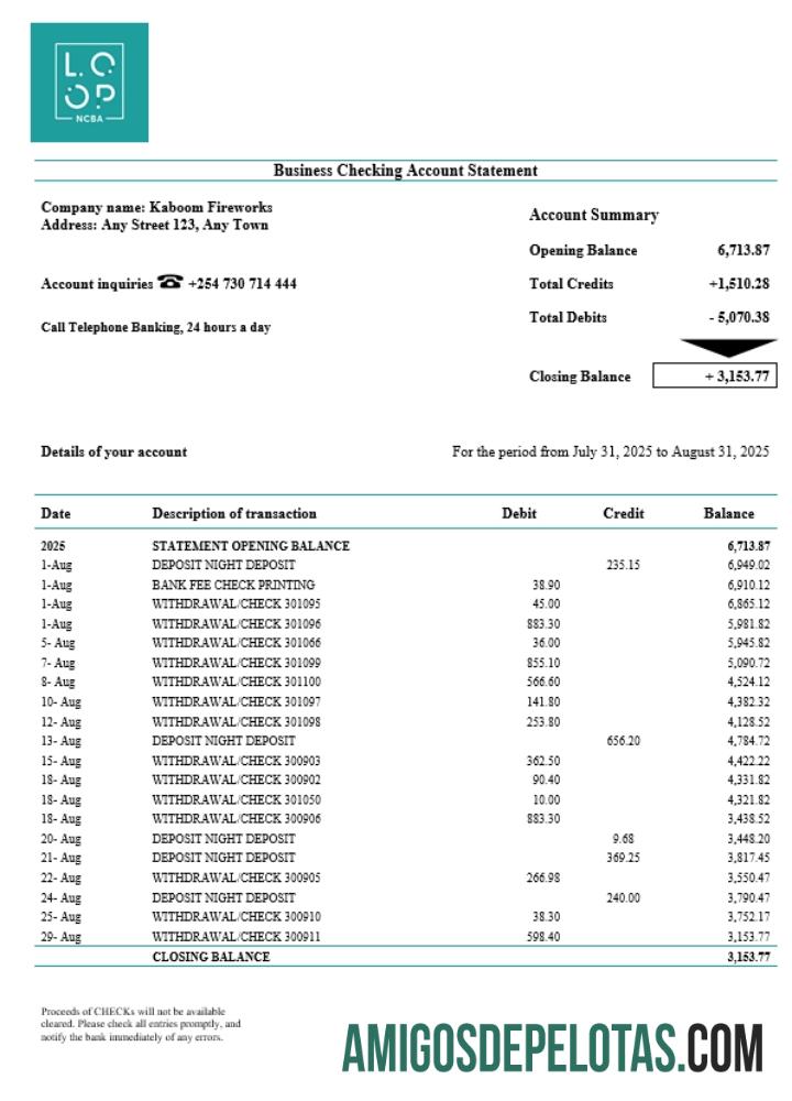 Exemplo de declaração de verificação de organização empresarial do Kenyan CBA Loop em formato Word e PDF
